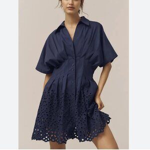 Anthropologie Exquise The Tobie Button-Front Pleated Mini Shirt Dress Eyelet